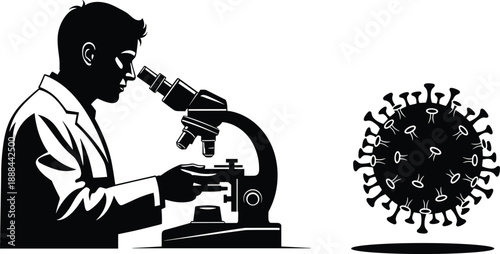 Male doctor silhouette using a laboratory microscope to analyze a viral cell for scientific research medical study and infectious disease analysis isolated on white