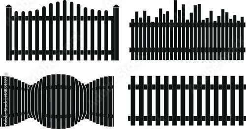 Set of black silhouette icons featuring various wooden picket fence designs and garden border styles isolated on white background for landscape architecture and home security