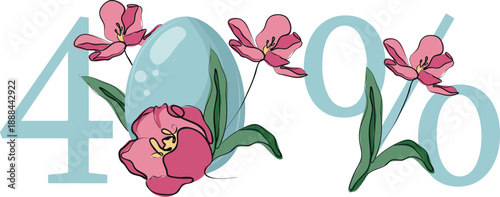 Easter discount design with percentages, namely a 40 percent template in blue colors and with pink tulips, for sale banners, posters or social media