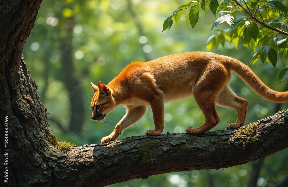 Fototapeta premium Fossa cat-like carnivore animal walking on thick tree branch in green forest. Wild predator hunts in Madagascar jungle nature environment. Fossa moves carefully on bark.