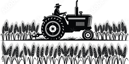 Black Silhouette of a Farmer Driving a Tractor Through a Wheat Field, Agricultural Machinery and Crop Harvest Vector Illustration for Rural Farm Design