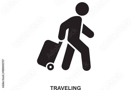 Black simple icon of a person walking with a rolling suitcase, representing travel and vacation on a white background.