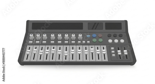 Professional audio mixer board with multiple faders and buttons on a plain white background for music production