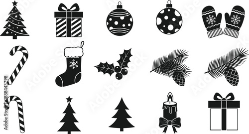 Collection of Christmas Holiday Icons Featuring Vector Silhouettes of Pine Trees, Gift Boxes, Candy Canes, Winter Mittens, Stockings, and Festive Ornaments for Seasonal Design Projects