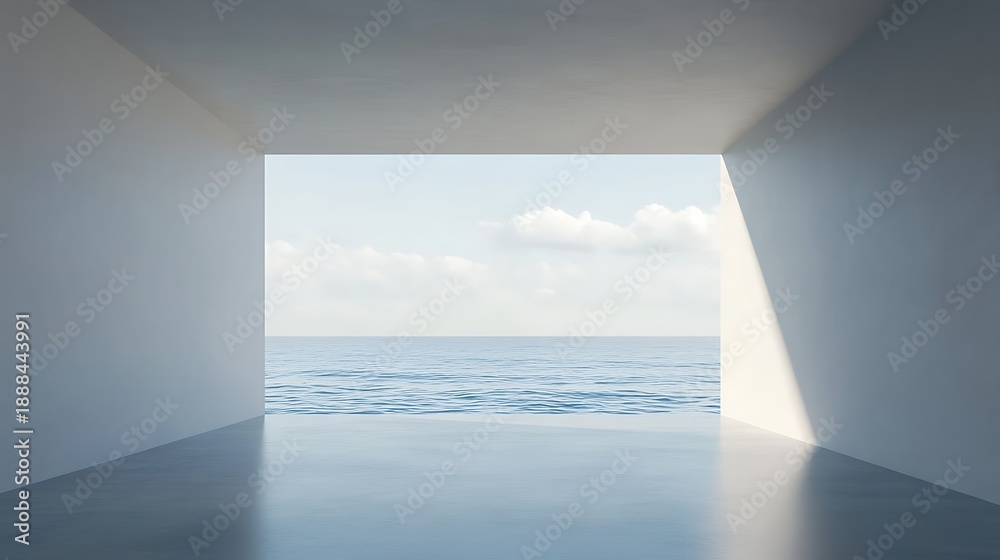 Fototapeta premium Minimalist architectural opening framing ocean view on a sunny day