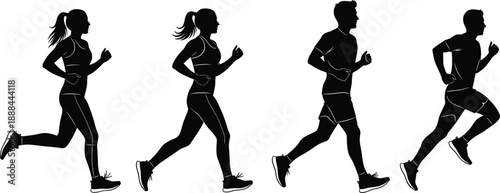 Detailed Black Running People Silhouette Vector Set Featuring Full Body Jogging Man and Woman Figures for Fitness Health Exercise Sport and Active Lifestyle Graphic Projects