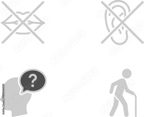 Disability awareness icon set with vision hearing cognitive and mobility impairment symbols for accessibility healthcare vector illustration