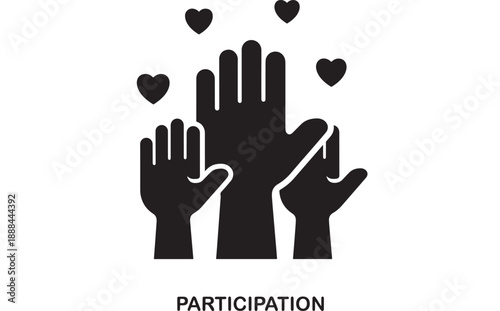 Diverse hands reaching up with hearts symbolizing community, support, teamwork, and active participation in a flat design vector graphic.