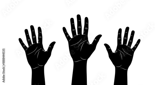 Three Raised Black Hands Silhouette Against White Background, Representing Unity and Support