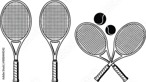 Collection of Black and White Tennis Racket and Ball Illustrations, Detailed Sports Equipment Line Art for Tournament, Club Branding, and Athletic Graphic Design