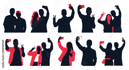 Diverse Group of People Taking Selfies in Various Poses, Celebrating Social Connection