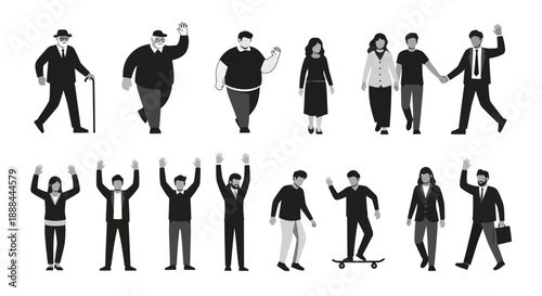Diverse Group of People Waving and Standing in Silhouettes, Full Body