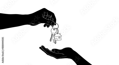 Silhouette of Hand Passing House Keys with a Tiny House Charm to Another Hand