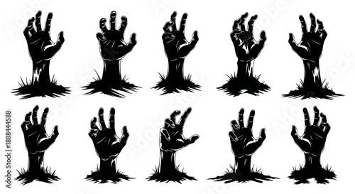 Spooky Zombie Hands Rising from the Ground in Silhouette, Halloween Vector Illustration