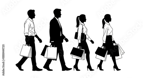 Diverse Shoppers with Shopping Bags Walking in a Row, Business People Shopping