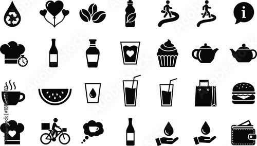 Lifestyle food wellness and retail icons set featuring drinks yoga shopping health symbols flat vector silhouettes