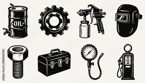 Vintage Workshop and Mechanic Tools Linocut Icons Set
