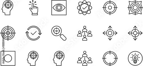 Targeting focus and strategy icons set featuring vision goals teamwork analysis optimization line vector symbols interface
