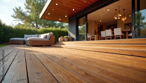 Warm wooden deck with modern lounge furniture leads to open house interior. Sunny backyard offers relaxing outdoor living space with green hedge. Enjoying nature.