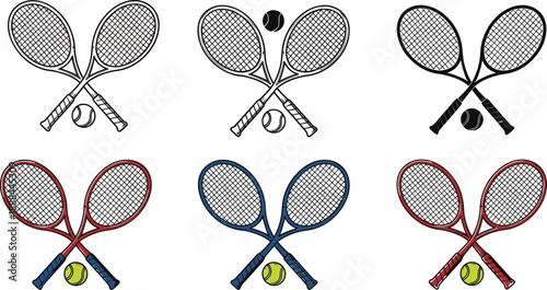 Collection of Crossed Tennis Racket and Ball Icons, Sports Equipment Vector Illustration in Various Colors and Styles for Graphic Design