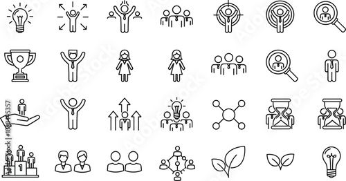 Business Leadership and Human Resources Line Icons Set Featuring Teamwork Strategy, Career Growth, Talent Acquisition, Project Management, and Professional Success Symbols.