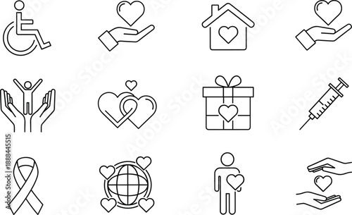 Line Art Charity and Donation Icons Set Featuring Healthcare Support, Disability Care, Global Volunteerism, Community Help, and Non-Profit Foundation Symbols.
