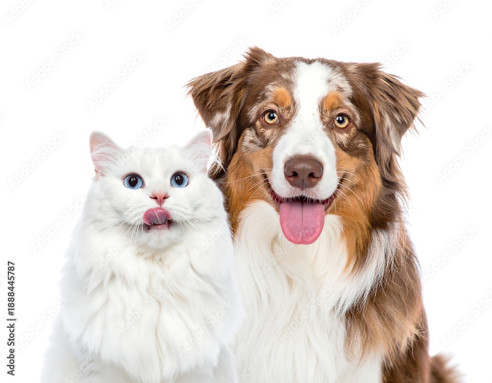 Fototapeta premium A white cat and brown dog posing together
