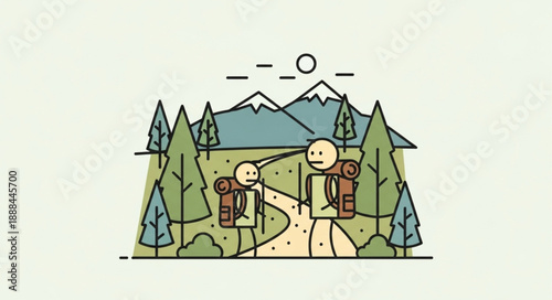 Two hikers with backpacks walking on a mountain trail surrounded by pine trees.