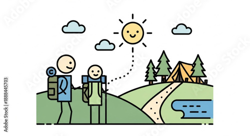 Two hikers with backpacks enjoying a sunny day outdoors.