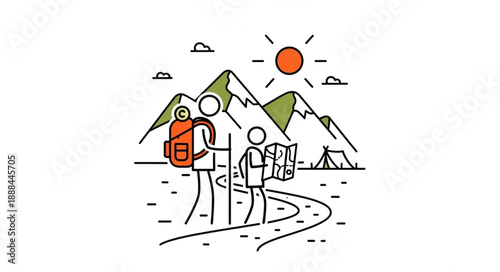 Two hikers with backpacks and map on mountain trail.