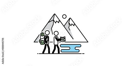 Two hikers with backpacks and camera exploring mountains and water.