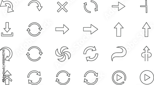 Universal Arrow and Interface Line Icons Set Featuring Navigation Pointers, Refresh Symbols, Download Buttons, Play Controls, and Directions for App User Experience Design.