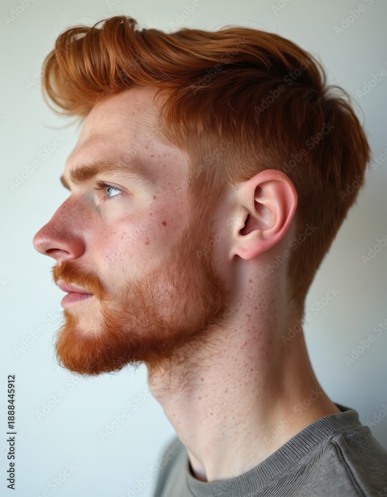 Obraz premium Man with red hair and beard in profile view. He has blue eyes and freckles on his face and neck. He looks to the side with a neutral expression.