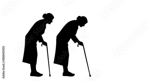 Two elderly women silhouettes with canes walking together.