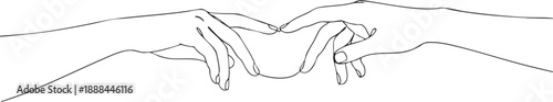 Two hands gently touching fingertips in a minimalist single continuous line art style.