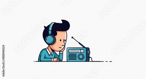 Young man wearing headphones listening to a vintage radio broadcasting on air with a thoughtful expression on a plain background