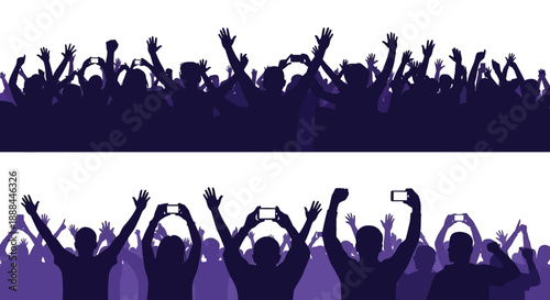 Excited Crowd Silhouettes with Hands Raised at a Concert or Event, Capturing Memories