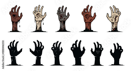 Creepy Zombie Hands Emerging From Ground, Black and White Vector Illustrations
