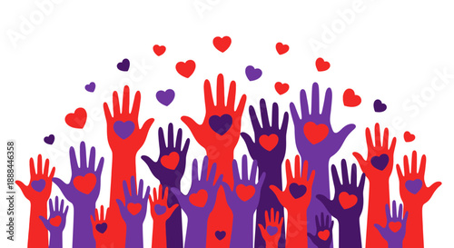 Diverse Hands Raised With Hearts Vector Illustration Symbolizing Love, Support and Community