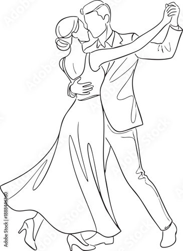 A romantic couple dancing slowly in a fluid continuous line art style on a white background.