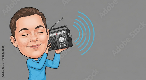 Cartoon man listening to vintage radio with signal waves smiling and relaxed gray background