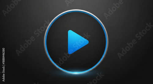 Glowing blue play button icon on dark background media playback symbol modern ui element circular frame