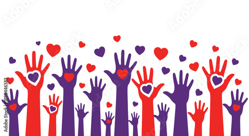 Diverse Hands Raised with Hearts Symbolizing Support, Unity, Love, and Charity
