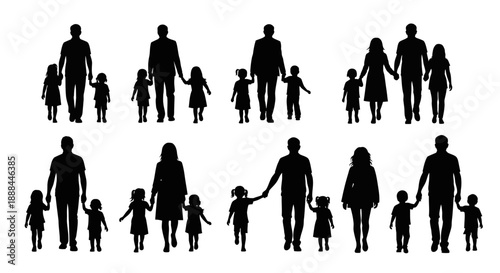 Diverse Family Silhouettes Collection: Parents and Children Walking Together