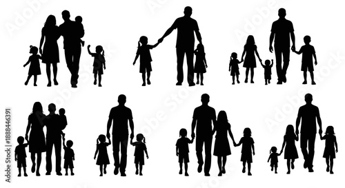 Diverse Silhouettes of Families Walking Together with Children, Vector Graphics