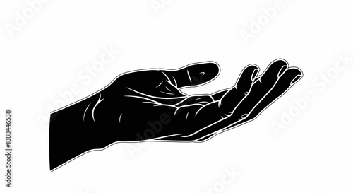 Open Hand Silhouette Offering Support or Receiving Something - Black and White Vector Graphic
