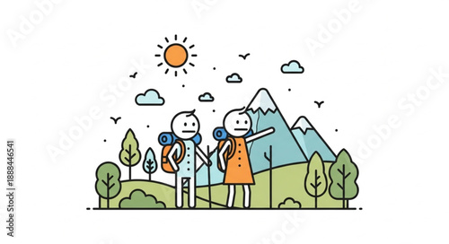 Two cartoon hikers with backpacks on a mountain trail.