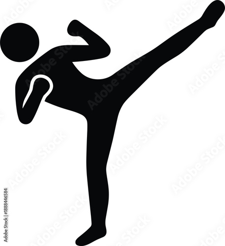Martial arts kick silhouette icon showing high kick action for karate taekwondo fitness training vector illustration