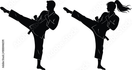 Martial arts kick silhouette set with male and female fighters performing high kicks for combat sport fitness vector illustration