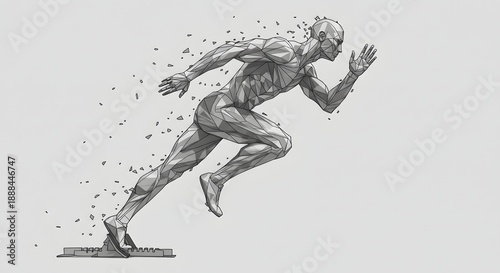 Geometric illustration of a muscular runner, composed of fragments, mid-sprint on a starting block